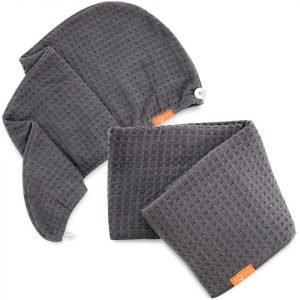 Aquis Moody Grey Waffle Hair Turban + Moody Grey Waffle Hair Towel Bundle