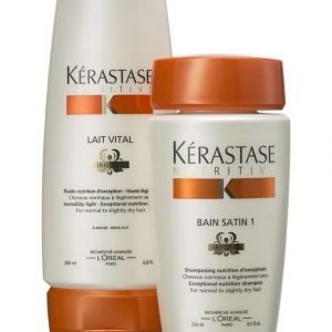 Kerastase Nutritive Pakkaus Bain Satin Shampookylpy 250 ml + Lait Vital Hoitoaine 200 ml Normaaleille Ja Kuiville Hiuksille