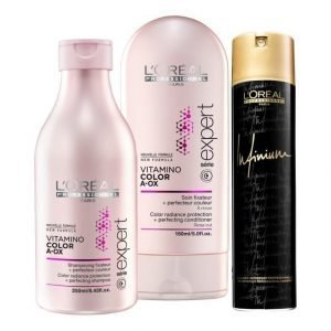 L'Oréal Professionnel Serie Expert Vitamino Color A Ox Hiustenhoitopakkaus + Infinium Strong Hiuskiinne