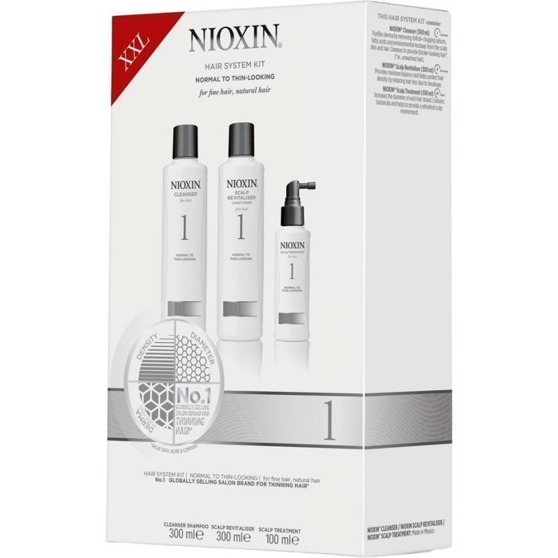 Nioxin Hair System Kit 1 (Fine Hair) Cleanser 300ml Scalp Revitaliser Conditioner 300ml Scalp Treatment 100ml