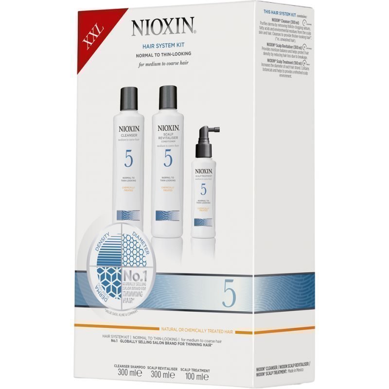 Nioxin Hair System Kit 5 (Medium to Coarse Hair) Cleanser 300ml Scalp Revitaliser Conditioner 300ml Scalp Treatment 100ml